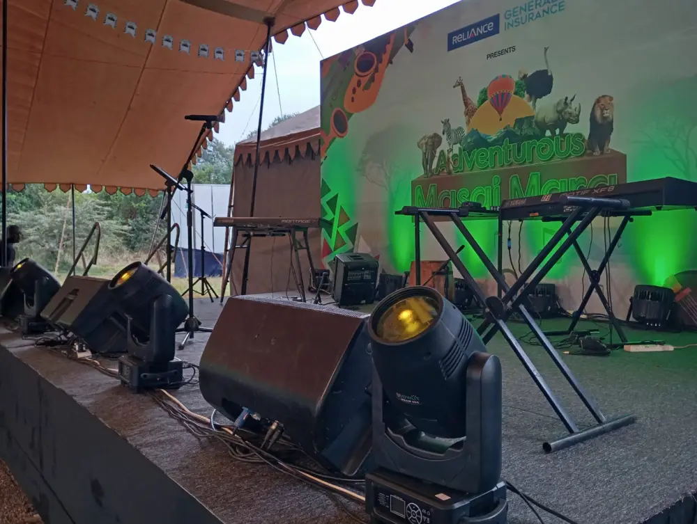 Backline equipment set up on stage in Nairobi, Kenya