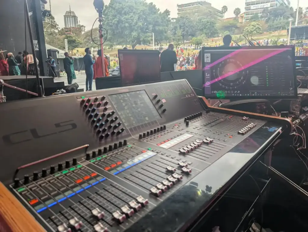 Yamaha CL5 monitor console with the immersive in-ear mixing display during a daytime session at Rhema Feast 2026, Uhuru Park Nairobi