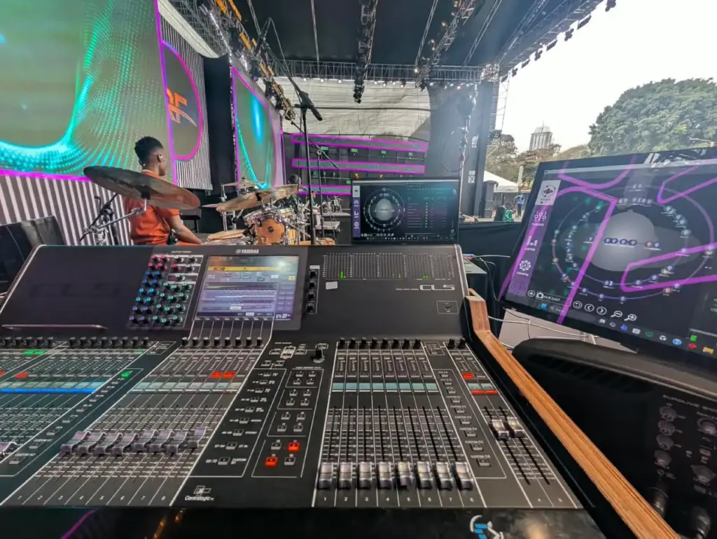 Monitor console with immersive in-ear mixing displays facing the stage and drummer at Rhema Feast 2026, Nairobi